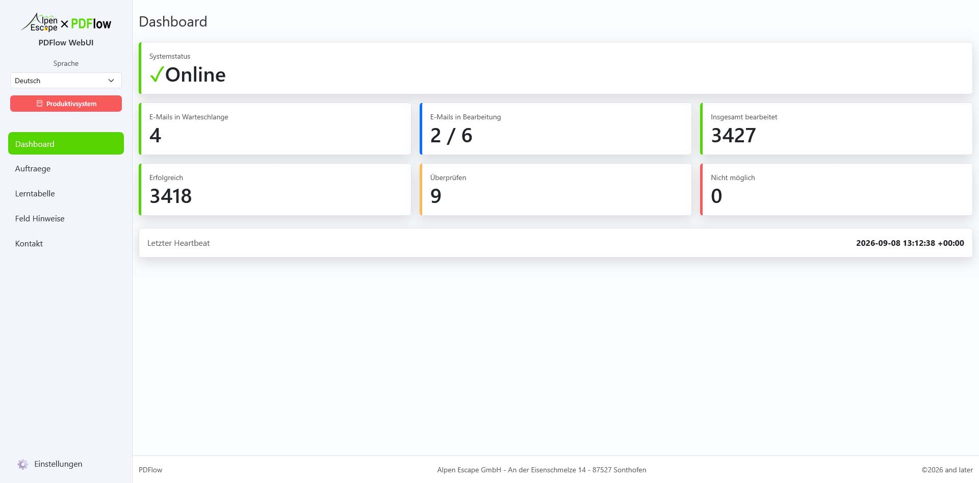 PDFlow WebUI mit Dashboard, Systemstatus und Übersicht der bearbeiteten E-Mails