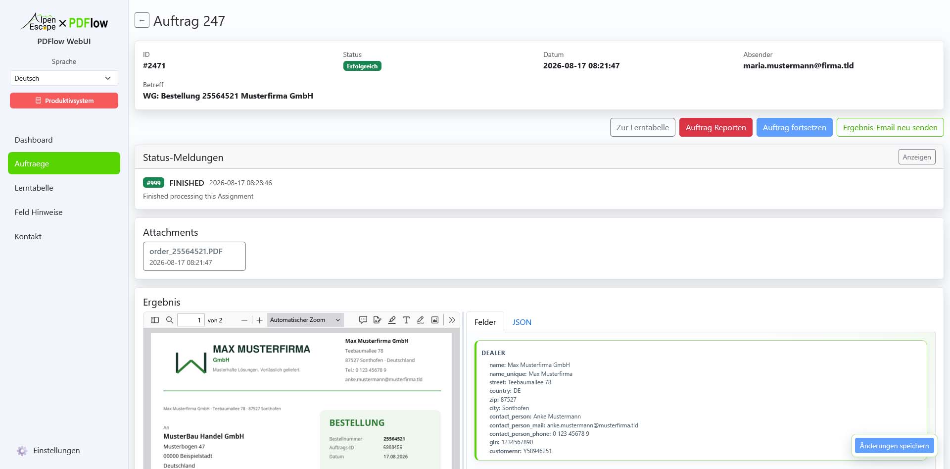 PDFlow WebUI mit Detailansicht eines Auftrags, Dokumentvorschau und erkannten Bestelldaten